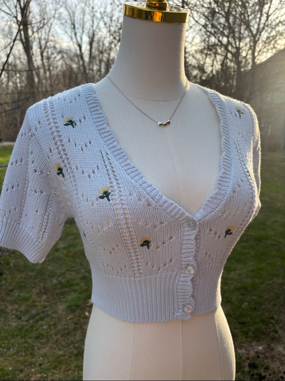 wild fable White Cropped Eyelet Cardigan with Yellow Floral Embroidery